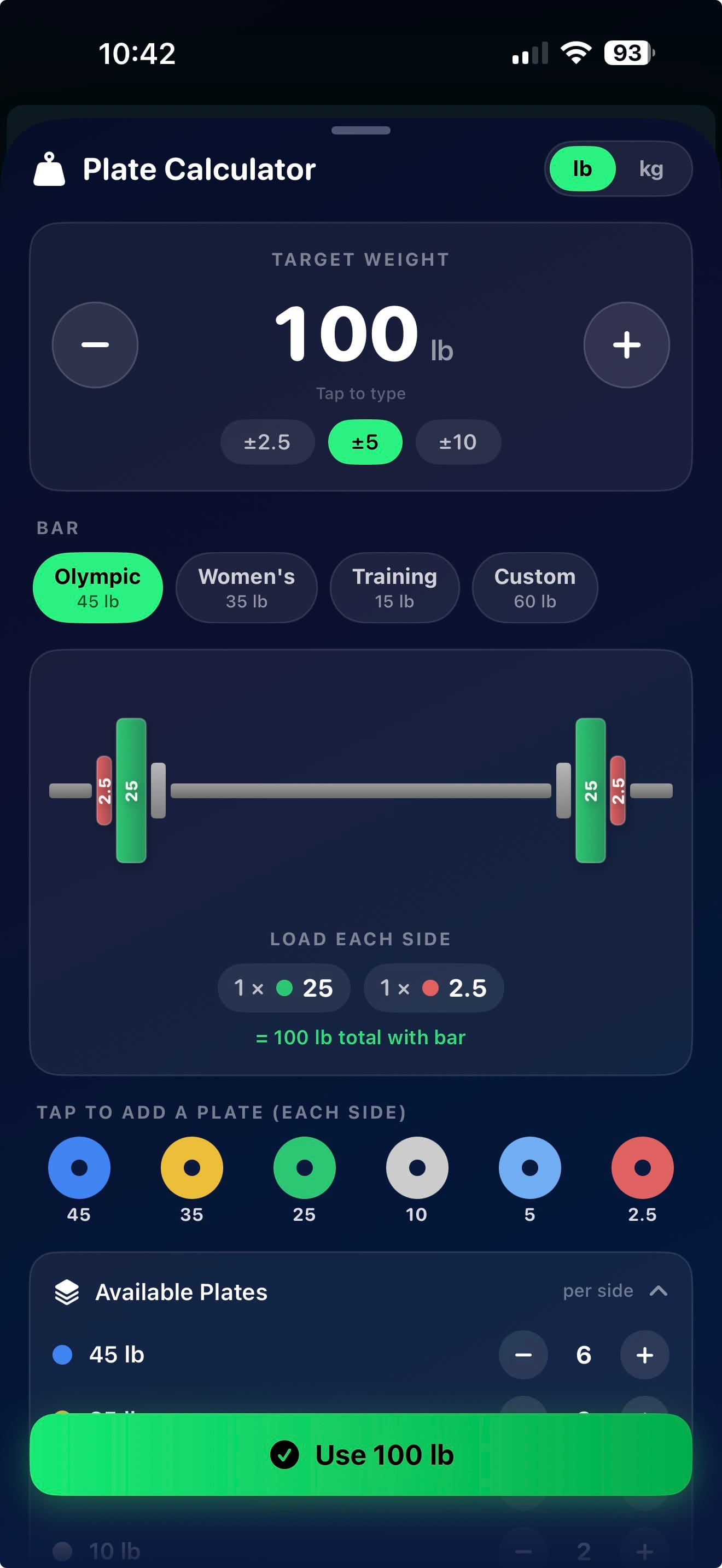 Plate Calculator showing a loaded barbell and per-side breakdown