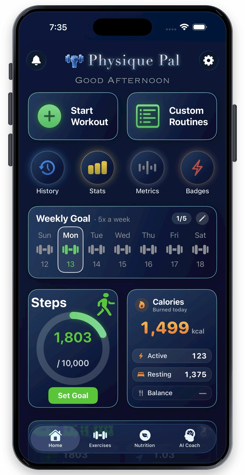 Physique Pal home screen with today's workout
